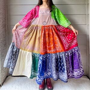 Rainbow | Handmade Earthy Voluminous Maxi Bandana Dress SKU 06124